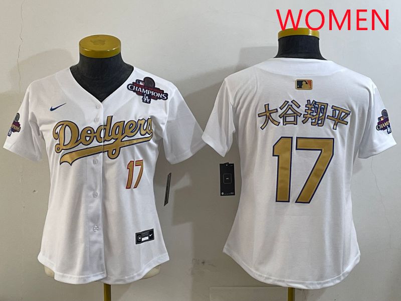Women Los Angeles Dodgers 17 Ohtani White Champion gold character 2025 Nike MLB Jersey style 9